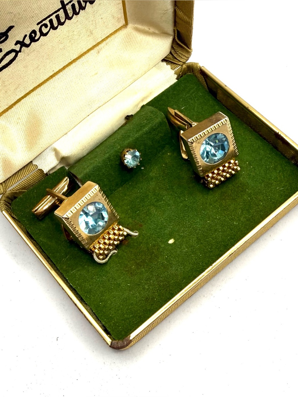Gold Tone Blue Crystal Cufflinks and Matching Tie Pin